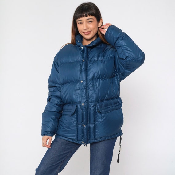 Vintage The North Face Ski Jacket Dark Blue Goose Down Jacket Quilted 80s Puffy Coat Winter Jacket Snap Up Winter Coat 1980s Puff Large