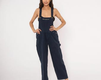 Peto vaquero azul marino Ruta 66, peto de carpintero, ropa de trabajo de algodón azul oscuro, corte recto relajado, estilo grunge vintage Y2K, talla M para mujer