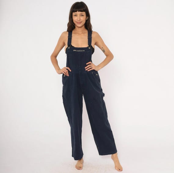 Navy Denim Overalls Route 66 Carpenter Dungarees Dark Blue Cotton Workwear Utility Straight Relaxed Fit Y2K Grunge Vintage Womens Medium M