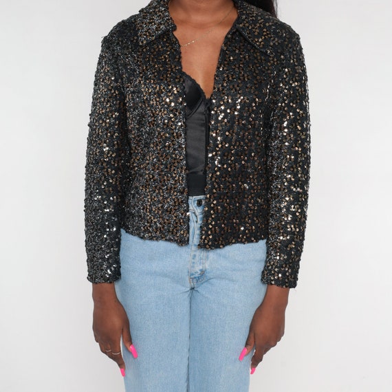 Sequin Jacket 80s Black Bronze Sparkly Blazer Ope… - image 6