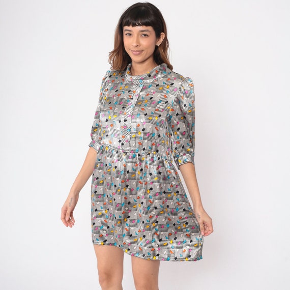 Silk Confetti Dress 80s Black White Checkered Rainbow Mini Dress 1980s High Waisted Vintage 1980s Turtleneck 1/2 Puff Sleeve Medium