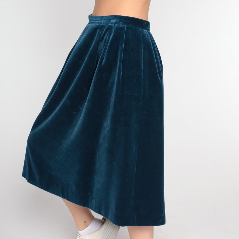 Blue Velvet Skirt Pencil Skirt 80s High Waisted Pleated Midi 1980s Party Skirt Gothic Retro Vintage High Waist Dark Blue Small 6 image 3