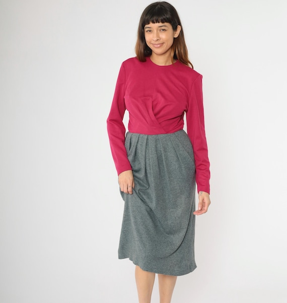 Vintage 80s Two-Tone Dress Fuchsia Pink Gray Long Sleeve Pleated Waist Detail Pockets Leslie Fay 1980s Midi High Waisted Small S