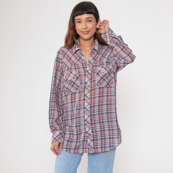 Vintage 80s Western Rodeo Shirt Plaid White Red Blue Button Up Pearl Snap Shirt 1980s Long Sleeve Cowboy Men's Large L