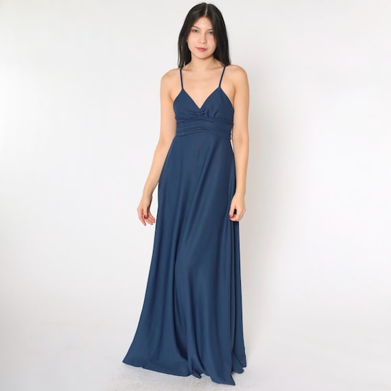 Vintage Blue Party Dress 70s Maxi Gown Deep V Neck Grecian Dress Drape Formal Strappy Spaghetti Strap 1970s Prom High Waist Extra Small xs