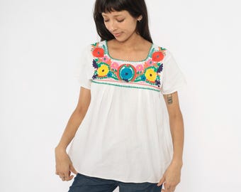 メキシカン刺繍ブラウス ホワイト 90年代 花柄 チュニック コットン 