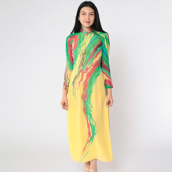 Vintage 90s Abstract Cheongsam Dress Yellow Sheer Maxi Side Slit Qipao Brushstroke Mandarin Collar Long Sleeve Asian Style Extra Small xs