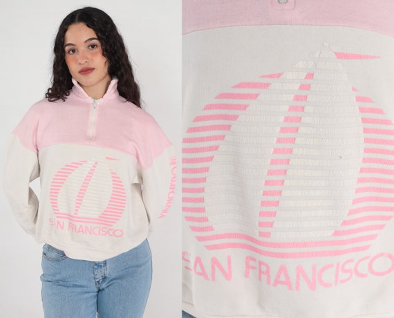 San Francisco Sweatshirt 90s Pink White Quarter Zip Shirt Sailboat Graphic California Pullover Sweater Nautical Tourist Vintage 1990s Medium