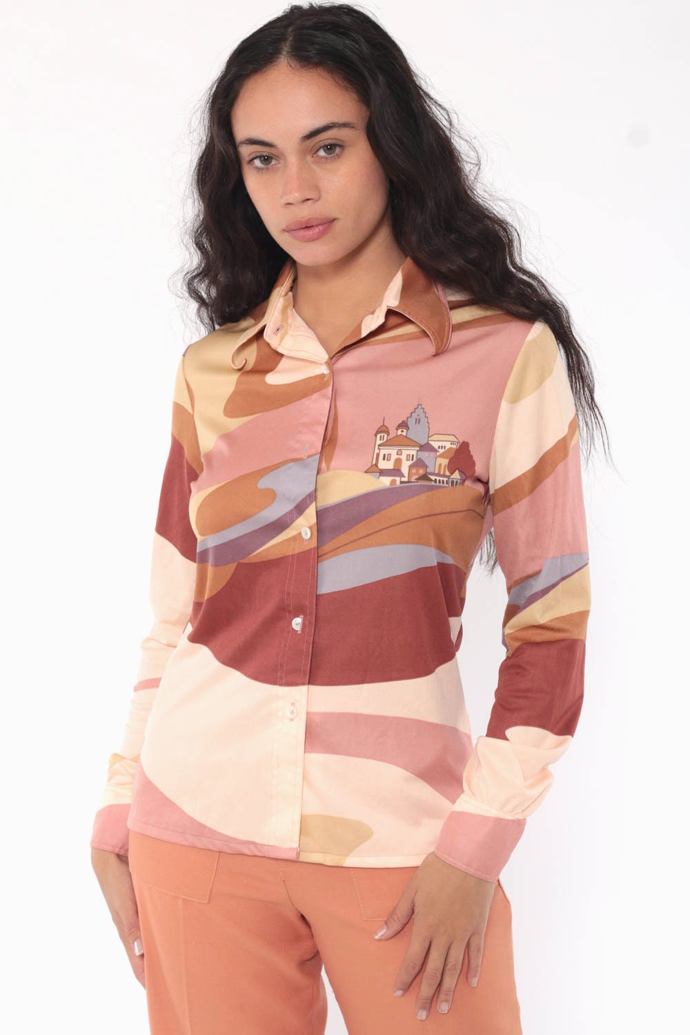 70s Blouse Vintage Castle Lady Print 70s Shirt Pink Disco Top Boho