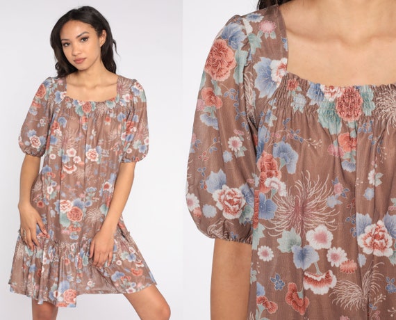 Floral Tent Dress 70s Flower Print Ruffle Dress Bohemian Knee Length Short Peasant Sleeve Vintage Hippie Summer Minidress Boho Small Medium