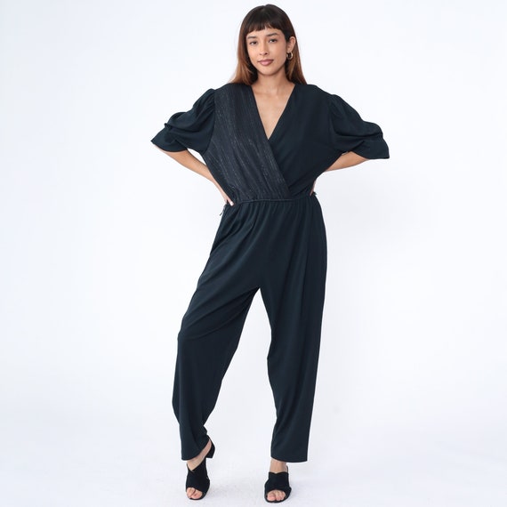 Vintage Metallic Black Jumpsuit 80s Tapered Pantsuit Puff Sleeve Wrap Romper Pants Party Retro V Neck Eighties 1980s Extra Large xl 16