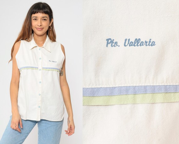 90s Puerto Vallarta Tank Top White Mexico Vacation Blouse 1990s Sleeveless Button Up Shirt Pto Vallarta Top Striped Vintage Extra Large xl