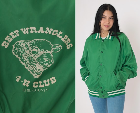 Vintage 80s Green 4-H Club Jacket Beef Wranglers Erie County Snap Button Up Cow Windbreaker Striped Uniform Track Jacket Medium