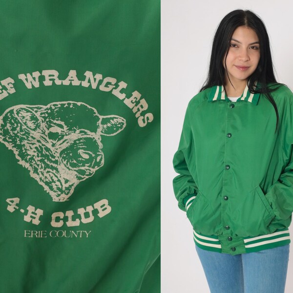 Vintage 80s Green 4-H Club Jacket Beef Wranglers Erie County Snap Button Up Cow Windbreaker Striped Uniform Track Jacket Medium