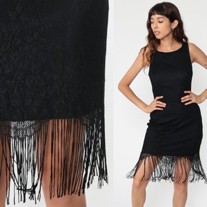 Black Fringe Dress LACE Flapper Gothic Mini 90s Boho Party Dress Cocktail Going Out 1990s Vintage Sleeveless Bohemian Goth Small Medium
