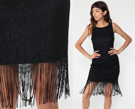 Black Fringe Dress LACE Flapper Gothic Mini 90s B… - image 1