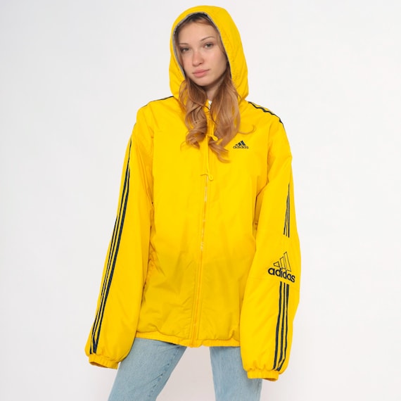 Adidas Yellow Windbreaker Y2K Hooded Jacket Zip Front Sleeves Athletic Sporty Streetwear Track 2000s Gorpcore Vintage Bright Large L