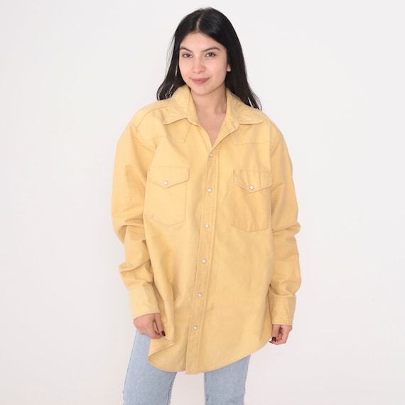 Yellow Western Shirt 90s Pearl Snap Button Up Collared Cowboy Top Plain Rodeo Long Sleeve Westernwear Vintage 1990s sunshine mountain 2xl