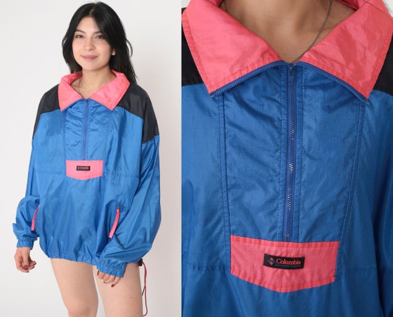 90s Columbia Jacket Blue Windbreaker Pink Black Nylon Pullover Quarter Zip Jacket Retro Sporty Color Block Shell Warm up Vintage 1990s XL Etsy