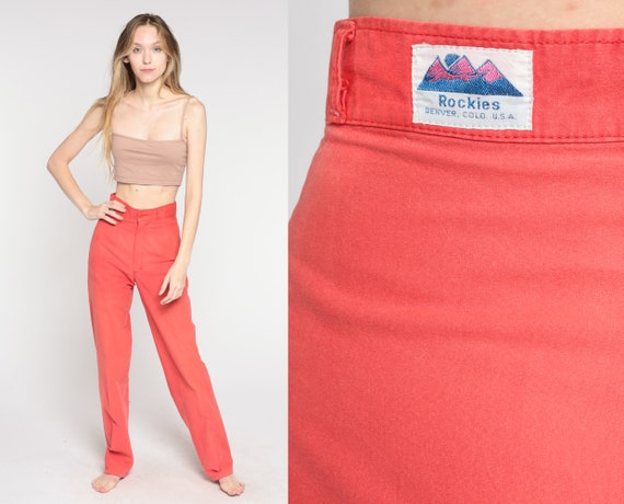 Red Rockies Pants Cotton Trousers High Waisted Trousers 80s Tapered Straight Leg Vintage Cotton Slacks Extra Small xs Tall Long