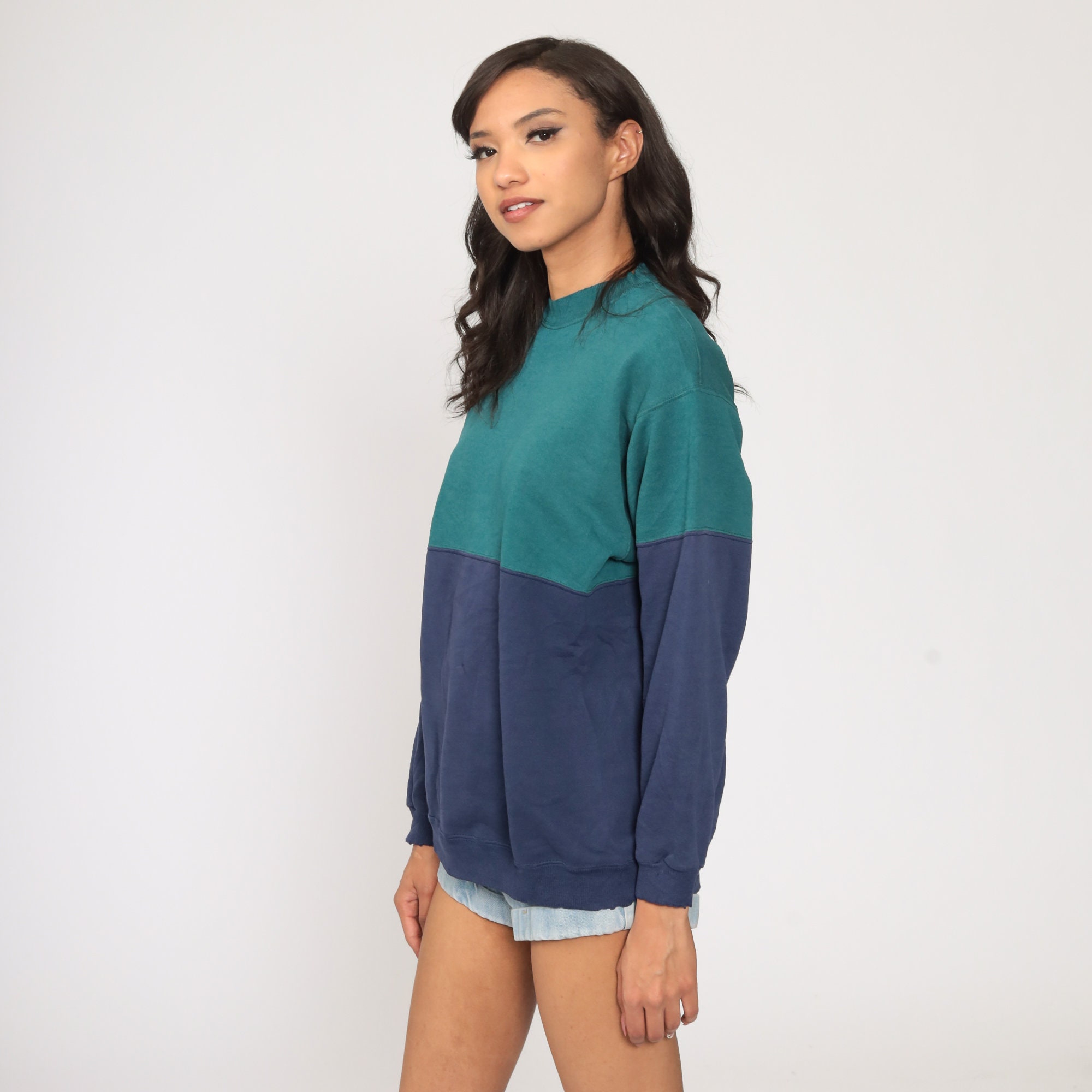 Color Block Sweatshirt 80s Sweater Crewneck Blue Green Graphic Retro ...