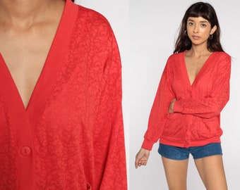 Floral Cardigan Sweatshirt 80s Red Sweatshirt Semi-Sheer Lightweight Graphic Shirt Boho Button Up 1980s Vintage Medium Large