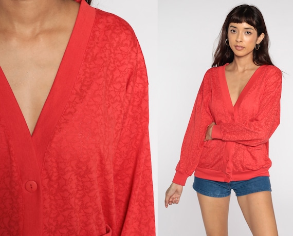 Floral Cardigan Sweatshirt 80s Red Sweatshirt Semi-Sheer Lightweight Graphic Shirt Boho Button Up 1980s Vintage Medium Large