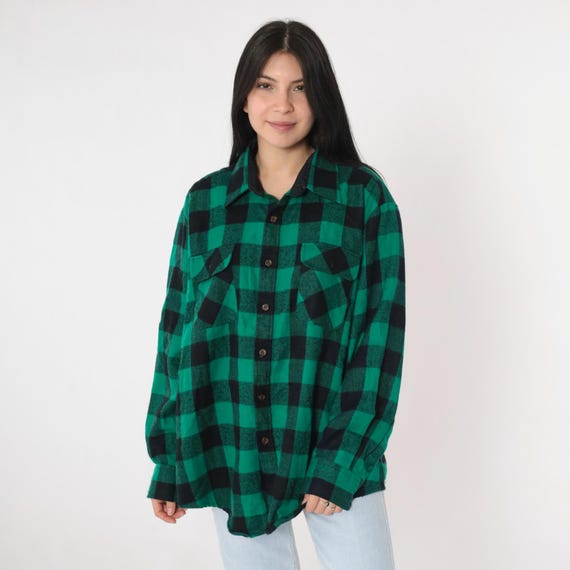 Vintage Green Buffalo Plaid Shirt 80s Grunge Flannel Shirt Long Sleeve Button Up 1980s Oversized Lumberjack Men's Extra Large xl