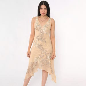 Vintage Sue Wong Nocturne Beaded Dress 90s Y2K Beige Silk Sequin Floral Handkerchief Hem Cocktail 1990s Sleeveless Party Gown Size Petite 8