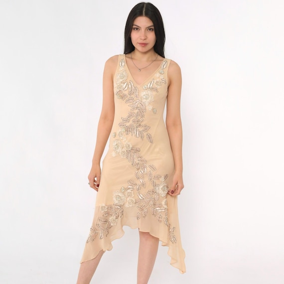 Vintage Sue Wong Nocturne Beaded Dress 90s Y2K Beige Silk Sequin Floral Handkerchief Hem Cocktail 1990s Sleeveless Party Gown Size Petite 8