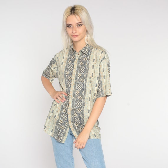 90s Geometric Shirt Safari Blouse Button Up Striped Top 1990s Zebra Print Short Sleeve Vintage Retro 1990s Brown Beige Small Medium