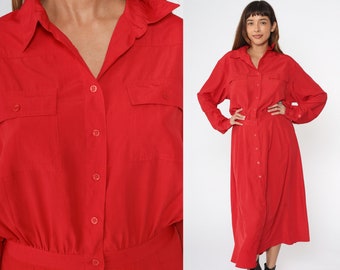 Red Button Up Dress Midi Dress 90s Shirtdress Plain Vintage 1990s Long sleeve High Waisted Dropped Armhole Solid Oversized Medium 14 Tall
