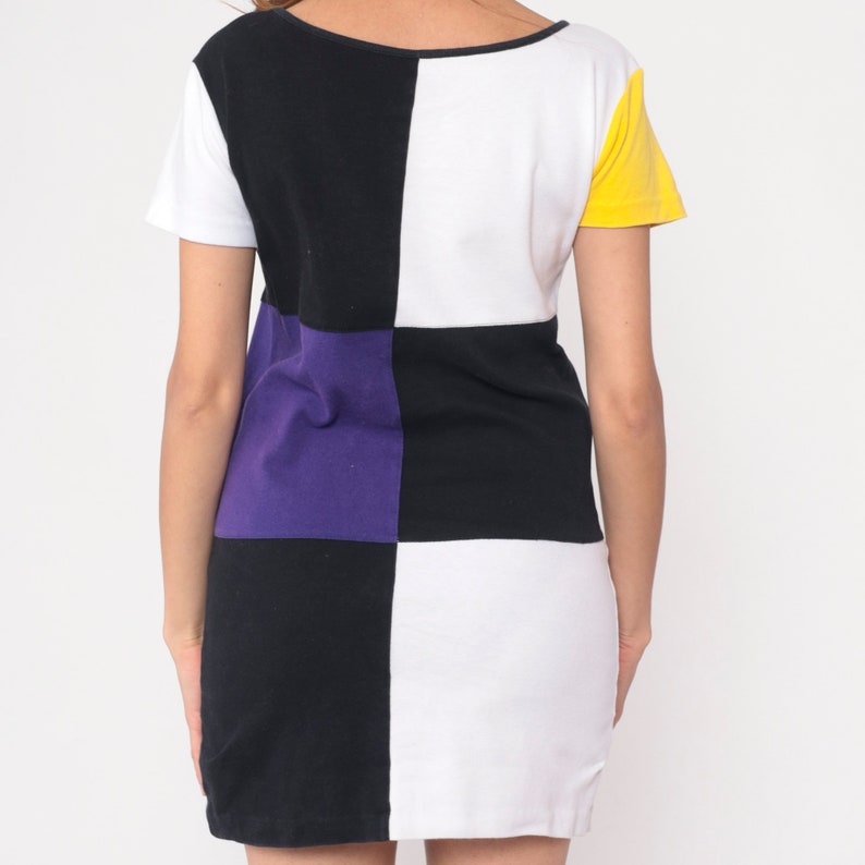 90s Color Block Dress Black Purple White Mini Dress Pocket Front Short Sleeve Party Dress Shift Ringer Vintage 1990s Small Medium image 6