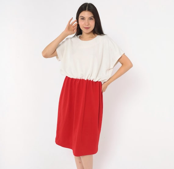 80s Colorblock Dress White Red Two Tone Blouson Bodice Gathered Waist Short Sleeve Leslie Fay Summer Sundress Crimson Vintage Plus Size 1X