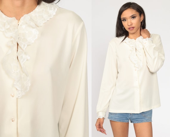 Ruffle Lace Shirt 70s Boho Cream Shirt Victorian 1970s Bohemian Ruffle Hippie Vintage Long Sleeve Button Up Large