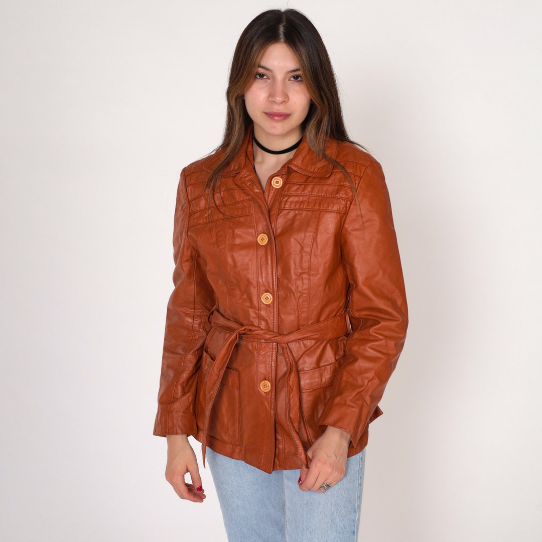 70s Leather Jacket Brown Belted Trench Coat Retro Button up 70s Leather Jacket Brown Belted Trench Coat Retro Button up