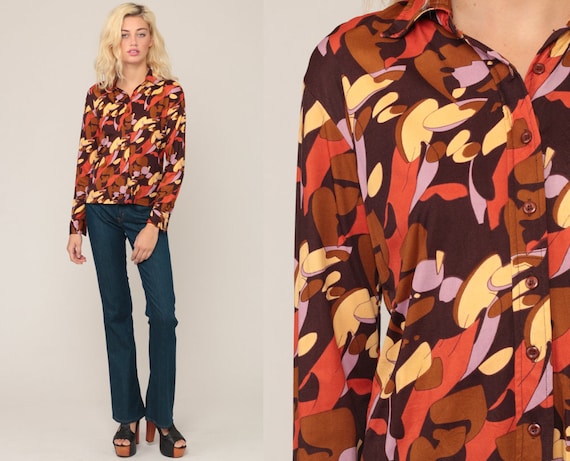 Hippie Blouse Button Up 70s Disco Top Psychedelic Shirt Bohemian Acid Print 1970s Boho Vintage Brown Hipster Long Sleeve Medium