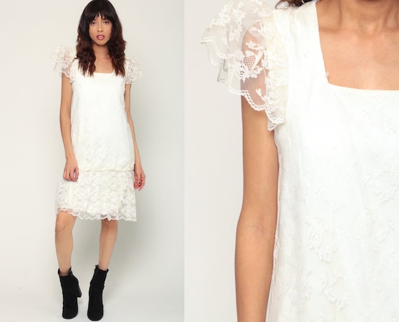 White Lace Dress 80s Party Dress Mini Puff Sleeve Prom Drop Waist 1980s Wedding Dress Formal Cocktail Vintage Minidress Small xs