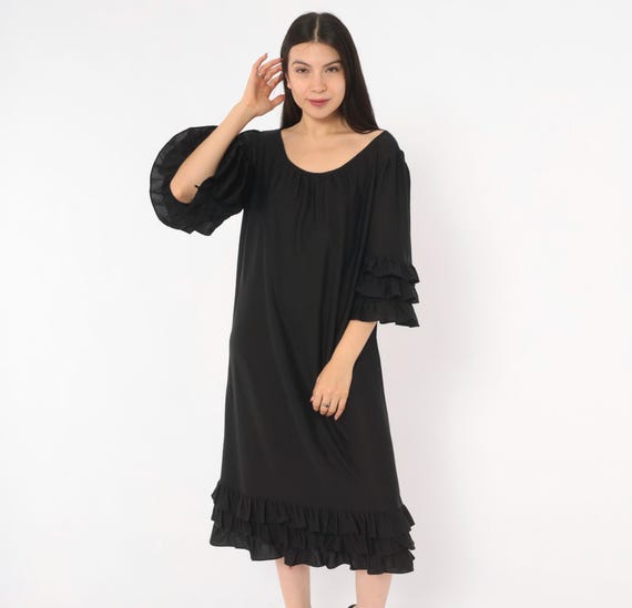 70s Ruffle Sleeve Dress Black Tiered Flounce Hem Midi Peasant Prairie Pullover Romantic Feminine Gothic Victorian Grunge Alt Vintage Large L