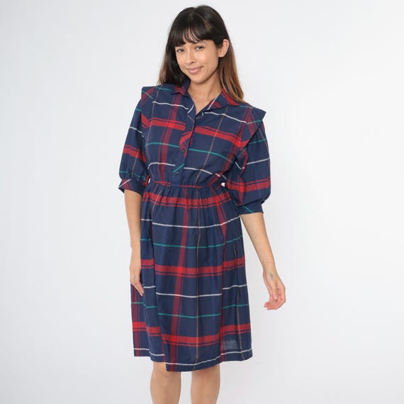 Vintage Plaid Shirt Dress 80s Button Up Midi Dress Dark Blue Red Checkered Secretary Shirtdress High Waist 1/2 Sleeve 1980s Extra Small xs