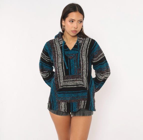 90s Baja Hoodie Black Blue Striped Drug Rug Mexican Pullover V Neck Sweatshirt Long Sleeve Woven Surf Skate Hippie Grunge Vintage Medium M