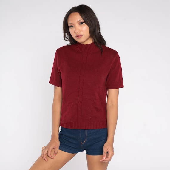 Burgundy Knit Top 80s Mock Neck Wine Red Short Sleeve Ribbed Vintage Preppy Dark Academia Office Wear Business Casual Sweater Top Large L 14