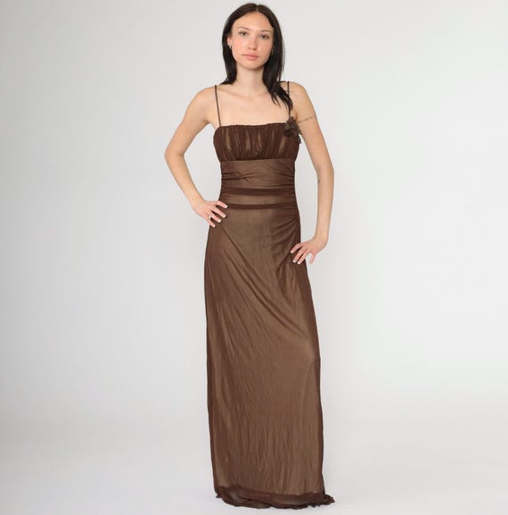 Y2K Sheer Brown Mesh Dress Vintage Formal Maxi Floral Appliqué Spaghetti Strap Ruched Bust Party Empire Waist Sleeveless Medium 8