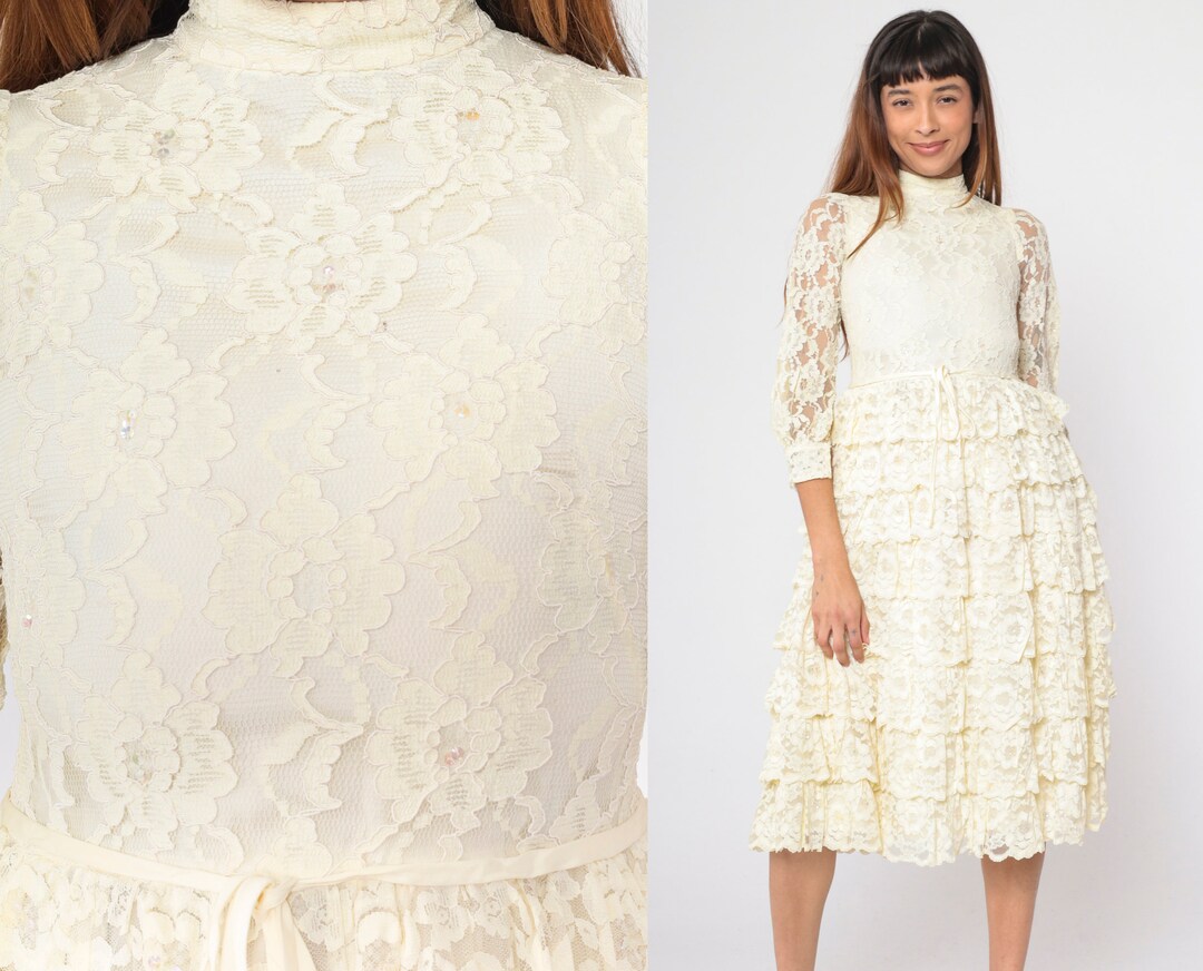 60's Cream Long Sleeve Dress with Belted Waist