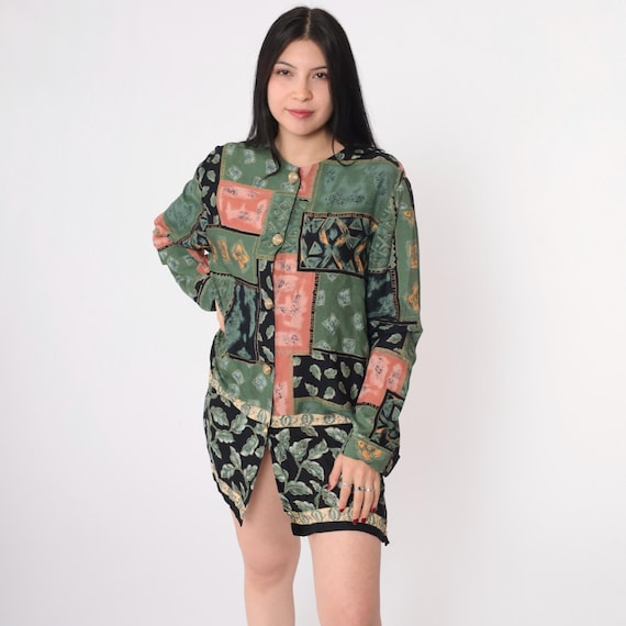 Vintage 90s Patchwork Mini Dress Abstract Blouse Side Slit Button Up Tunic Top Long Sleeve Green Black Floral Print 1990s Medium M