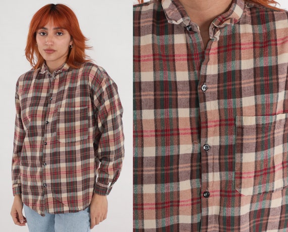 Brown Plaid Shirt 90s Button up Shirt Retro Checkered Grunge Lumberjack Long Sleeve Boyfriend Top Vintage 1990s Pocket Men's Large L