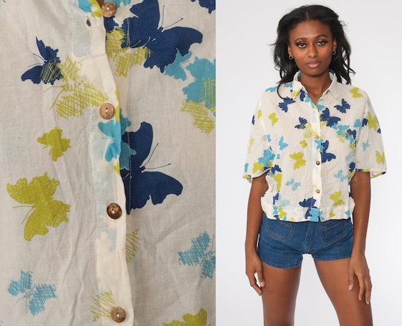 Tropical Butterfly Shirt Jungle Shirt Y2K Blouse Beige Blue Button Up Shirt 00s Boho Top Large