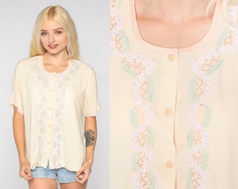 Embroidered Cutout Blouse 80s Yellow Floral Cutwork Shirt Button up Cut Out Top Short Sleeve Romantic Hippie Bohemian Vintage 1980s Medium M