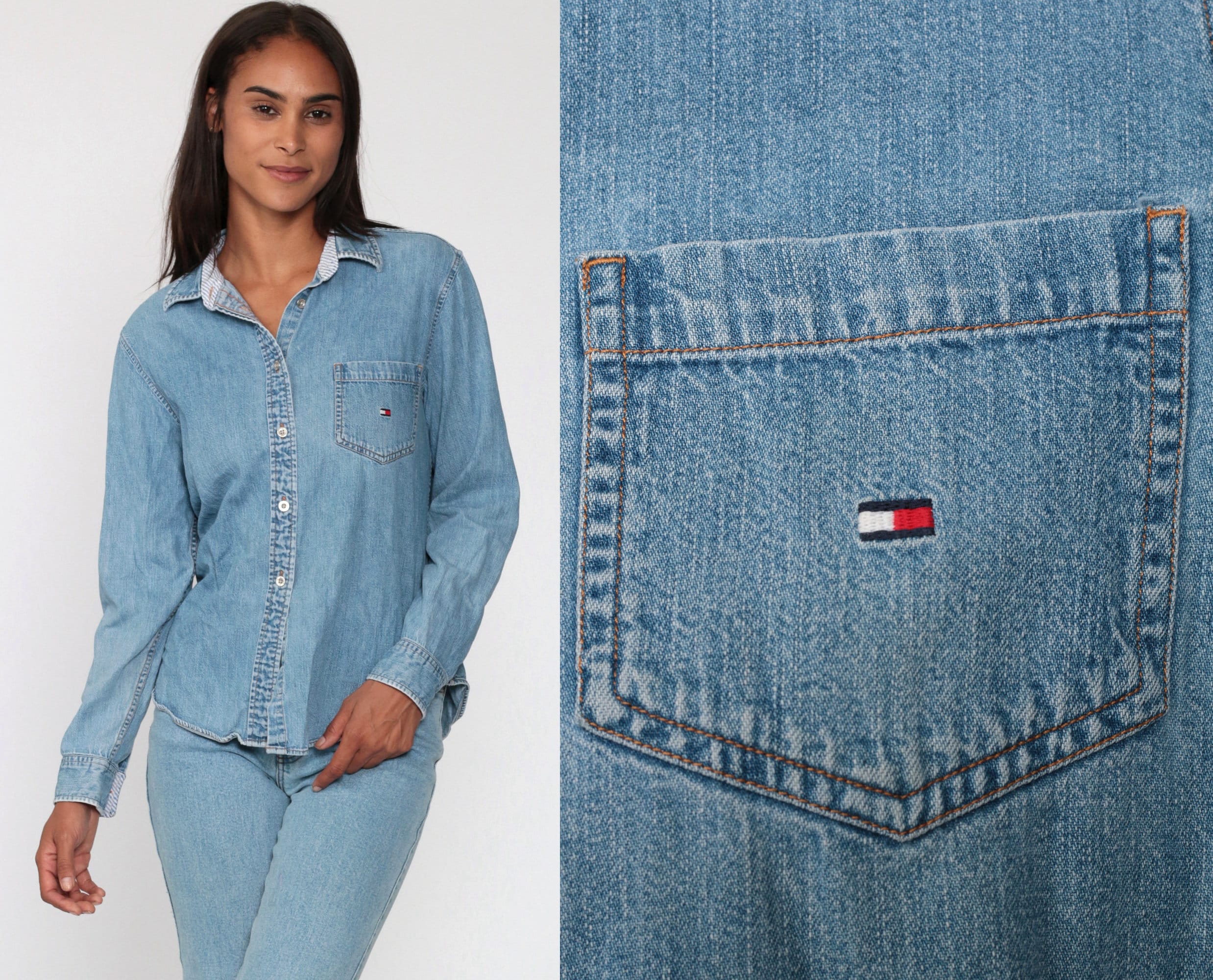 TOMMY HILFIGER Jean Shirt Shirt Button Up Shirt 1990s Light Blue Grunge Denim Long Sleeve Oversized Button Down Streetwear Medium