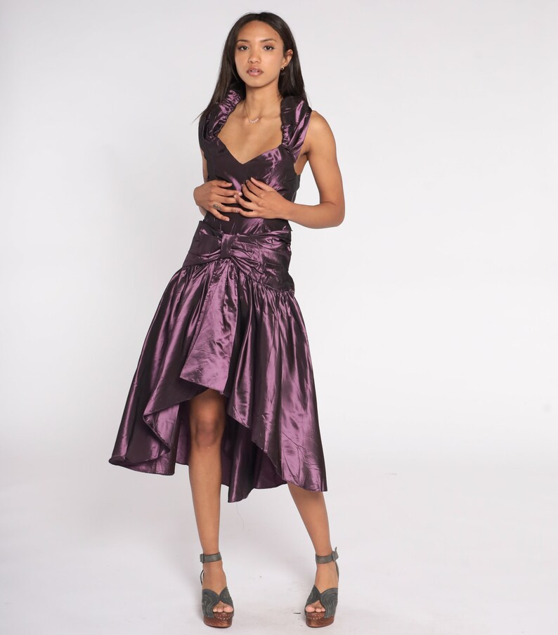 Purple Taffeta Dress 90s Party Dress High Low Full Skirt Prom Dress Retro Bow Halter V Neck Cocktail Formal Vintage 1990s Extra Small XS image 3